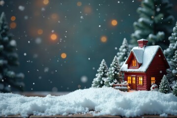 Naklejka premium Snow-covered Christmas village on wooden background, candlelight, festive buildings