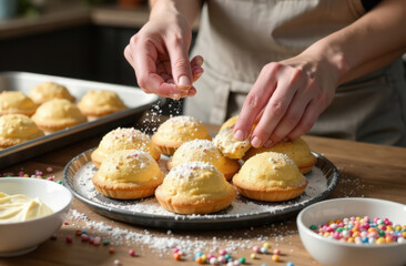Easter baking: the cooking process. Hands dusting Easter cakes with powdered sugar, baking pans, bowls with icing and sprinkles on the table. High quality photo