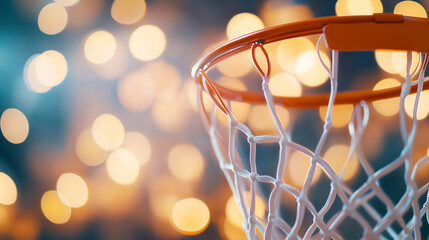 A basketball in mid-air approaching the hoop, with a glowing background, capturing the excitement and motion of the game.