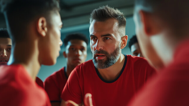 A basketball coach intensely motivating his team during a huddle, all wearing red jerseys, highlighting teamwork and strategy. - Powered by Adobe