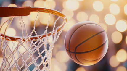 A basketball in mid-air approaching the hoop, with a glowing background, capturing the excitement and motion of the game.