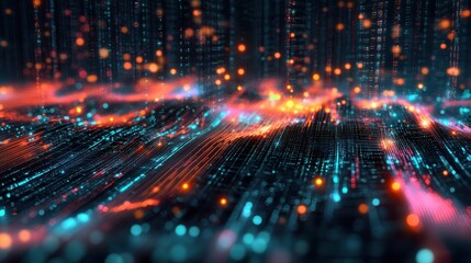 Obraz premium Abstract Digital Data Stream Futuristic Technology Background with Glowing Lines and Particles