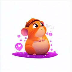 Naklejka premium Adorable Hamster in a Beret, Dreaming Amidst Purple Hearts