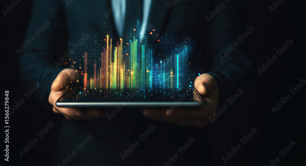 Poster in a dimly lit environment, a person clad in a suit holds a tablet displaying vibrant, glowing bars 