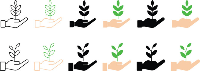 Hand holding a growing plant set, line, silhouette, color, resilience icon, symbolizing economic recovery, investment, and sustainability. Clean vector design.