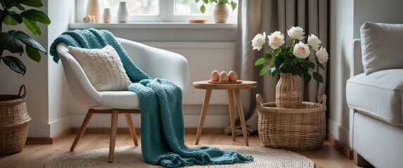contemporary white chair with blue blanket in minimalist setting