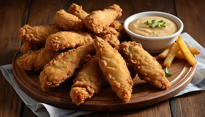 Golden Fried Chicken Tenders with Crispy Fries and Creamy Dip