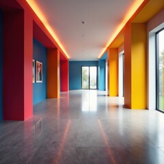 Vaguely lit modern art center lobby with polished concrete floors and geometric decor, geometric, lobby, abstract blur