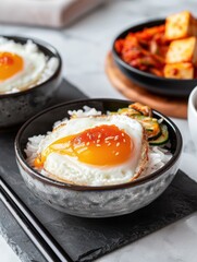 Delicious Korean breakfast with kimchi, rice, fried egg, and soy meat enhances morning flavors