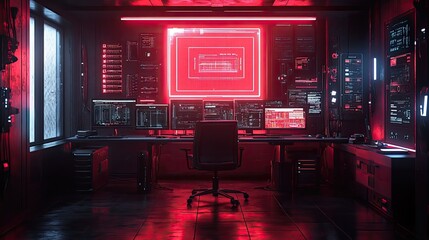 A futuristic computer workstation with a neon red and dark ambiance