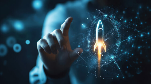 A person is engaged in a futuristic setting, touching a graphic representation of a growth graph. The scene represents strategic planning and development in technology