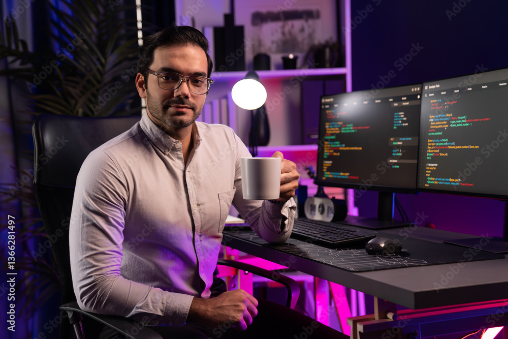 Poster profile smart it developer looking camera holding coffee cup against on software development coding 