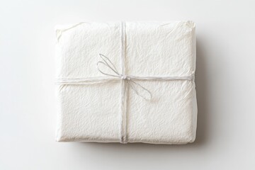 A square gift wrapped in textured white paper and tied with a simple string.