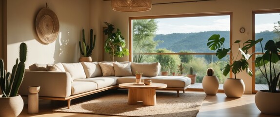 Fototapeta premium cozy living room with stylish couch and coffee table
