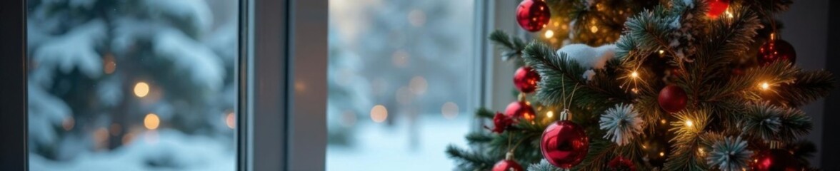 Decorated Christmas tree against a snowy window,  snowflakes,  festive atmosphere