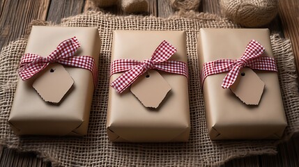 Three Wrapped Gifts with Red Checked Ribbons and Tags
