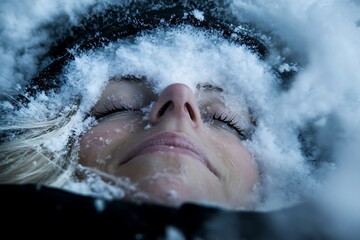 A womans face is covered by fresh white snow