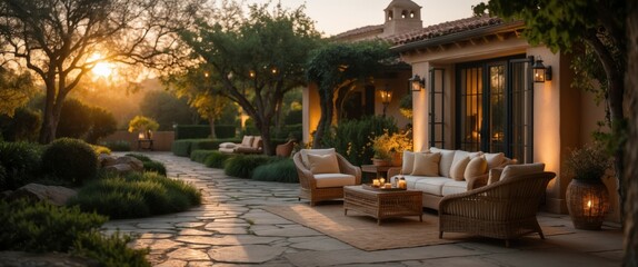Fototapeta premium serene outdoor patio with wicker furniture and candlelight