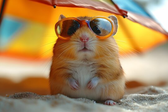 
chomik, uroczy chomik, puszysty chomik, tęczowe okulary, okulary przeciwsłoneczne, plażowy chomik, relaks, plaża, piasek, parasol plażowy, kolorowy parasol, tropikalna sceneria, lato, wakacje, radosn