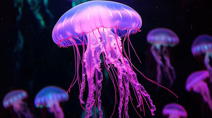 Naklejka premium A serene digital illustration of large pinkish-purple jellyfish swimming in the deep ocean, surrounded by smaller jellyfish and a starry background, creating a peaceful and ethereal atmosphere