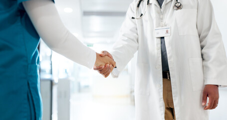 People, closeup or doctors shaking hands for hiring opportunity, good job or meeting. Onboarding...