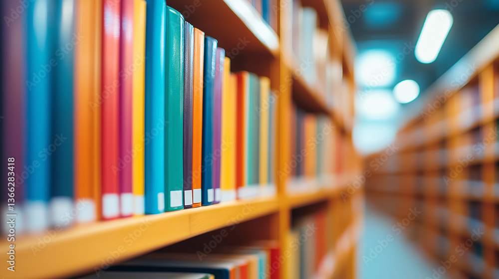 Poster a close-up of colorful books neatly arranged on a bookshelf, symbolizing knowledge, learning, and th