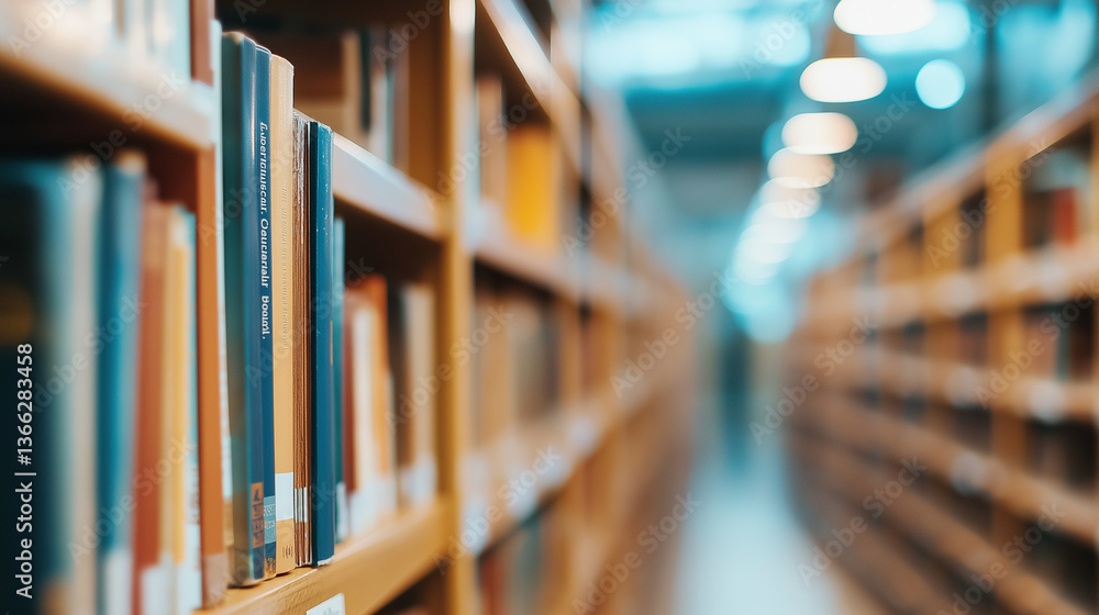 Poster a close-up of colorful books neatly arranged on a bookshelf, symbolizing knowledge, learning, and th