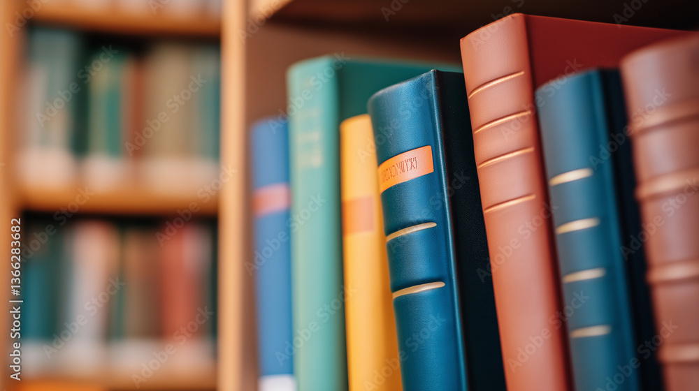 Poster a close-up of colorful books neatly arranged on a bookshelf, symbolizing knowledge, learning, and th
