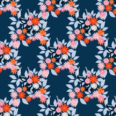 Obraz premium Seamless pattern of flowers and leaves with stethoscope for National Nurses Day on dark blue background