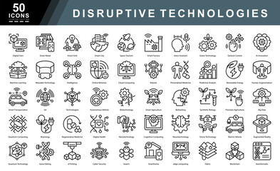 Disruptive Technologies icon collection set. Containing Quantum Computing,Bioenergy,Regenerative Medicine,Digital Health,Neurotechnology,Drone,Electric Vehicle icon. Simple line vector illustration.