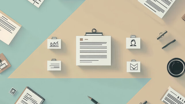 Modern resume on a blue desk surrounded by office supplies, laptop, pens, camera, and glasses, ideal for job search or CV design.
