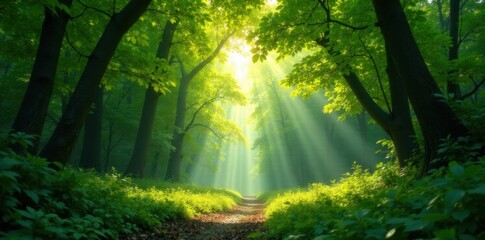 Fototapeta premium Forest canopy with sunlight filtering through leaves, nature sounds, forest floor, nature