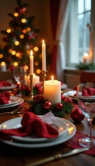 Beautifully decorated Christmas table setting with candles, flowers, and ornaments, candles, holiday decor