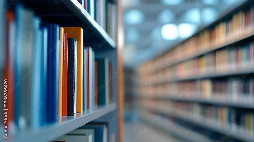 Poster a warm, sunlit library shelf filled with books, creating a peaceful and inviting atmosphere for read