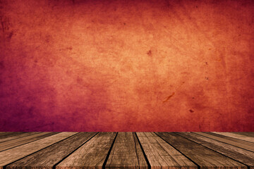 Empty wood table at foreground with brown or red color fabric wallpaper at background for product placement displayed. empty brown wooden deck table with red background for luxury concept.