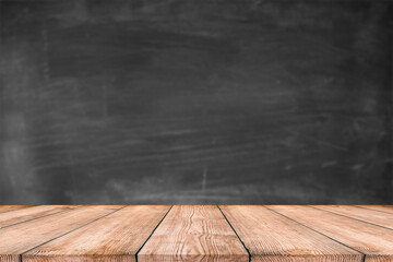 Wooden table in dark room background concept for advertising.