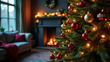 Christmas tree decorated with colorful ornaments and lights in a cozy room, lights, twinkling