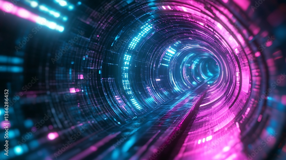 Poster abstract glowing tunnel: a captivating journey through neon light and geometric forms, creating a fu