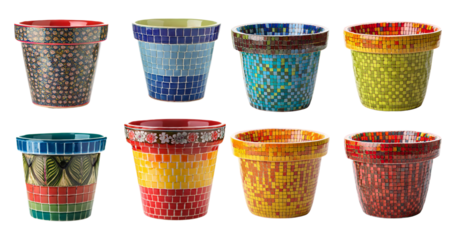 Colorful Mosaic Flower Pots Collection for Home Decor and Gardening, PNG bundle collection, Isolated on Transparent Background