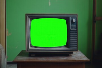 Vintage television with a green screen set on a wooden table in a retro setting.