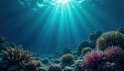 Dark blue ocean surface with scattered seaweed and coral formations , seaweed, calm water, coral