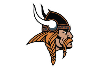 Viking warrior illustration, profile with helmet, braided beard, and historical design