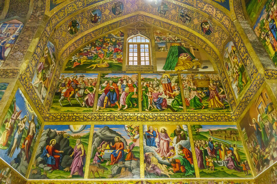 Wall paintings in Vank Cathedral in Isfahan, Iran. The bottom row depicts the life of Jesus, the second row and above are events from the Old Testament. The paintings were made around the 1660s.