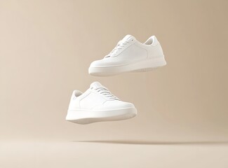 A minimalistic shot of two white sneakers floating in mid-air against a neutral beige backdrop, intricately detailed, stock photo-quality, professional lighting and award-winning color grading