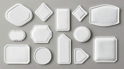 Blank white product labels on a gray background. Various shapes and sizes. Possible use for advertising or packaging design