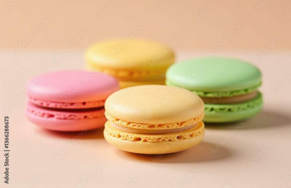 Poster pink, yellow, and green macaroon cookies are showcased on a soft beige surface in a visually appeali
