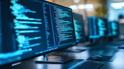 A close-up of multiple monitors displaying lines of code in a dimly lit office, highlighting a coding or software development workspace.
