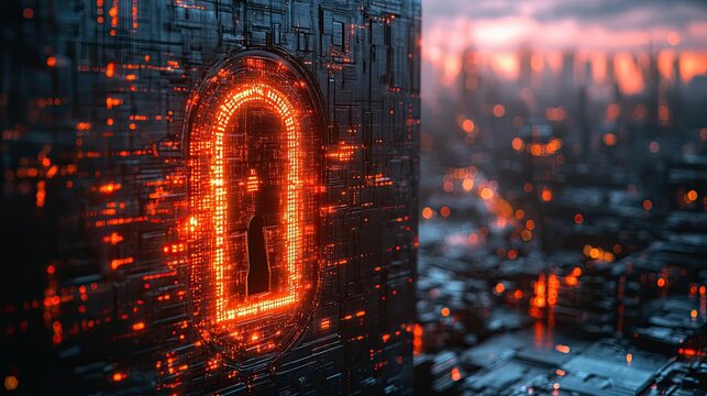 Glowing digital padlock overlayed on a futuristic cityscape background - Powered by Adobe