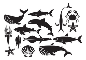 Black silhouettes of marine animals, whales, sharks, squid, starfish, and sea creatures