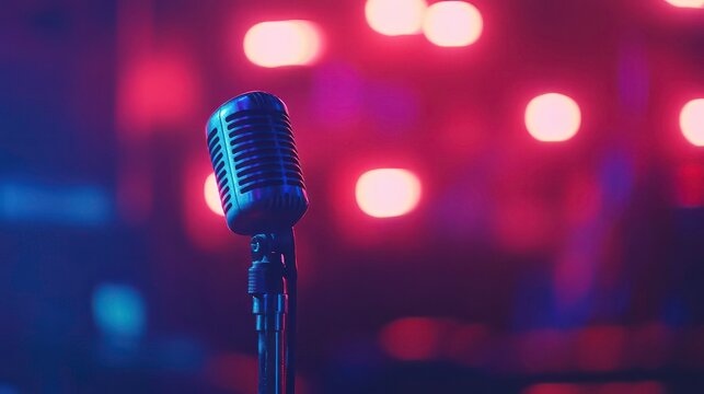 Close-up microphone on stage with blurred audience. Colorful ambient stage lighting creates lively atmosphere. Perfect for music, event themes. Live performance, concert. Indoor setting, clearly.